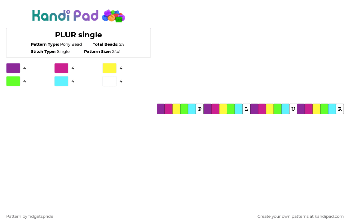 PLUR single - Pony Bead Pattern by fidgetspride on Kandi Pad - pink,plur