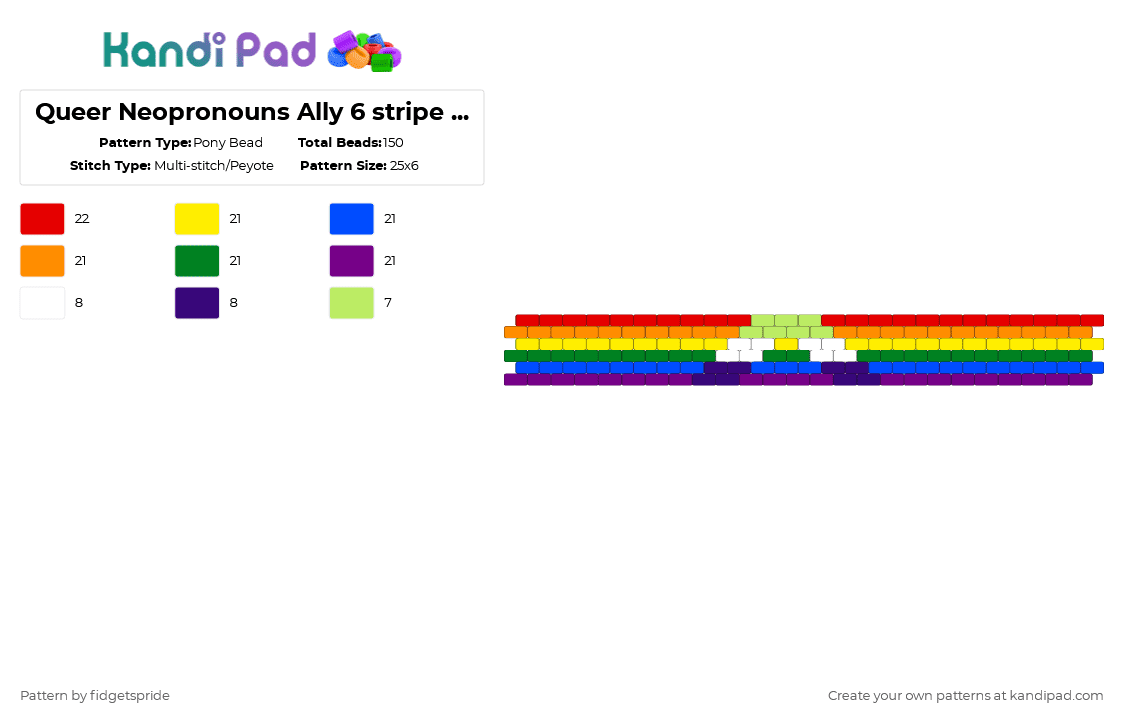 Queer Neopronouns Ally 6 stripe flag - Pony Bead Pattern by fidgetspride on Kandi Pad - green,blue,pink,colorful,pride,pride flag,ally,neopronouns,queer