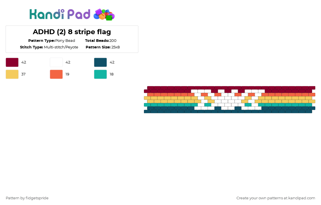 ADHD (2) 8 stripe flag - Pony Bead Pattern by fidgetspride on Kandi Pad - brown,yellow,blue,pride,pride flag,disability,neurodivergent,adhd,disability flag
