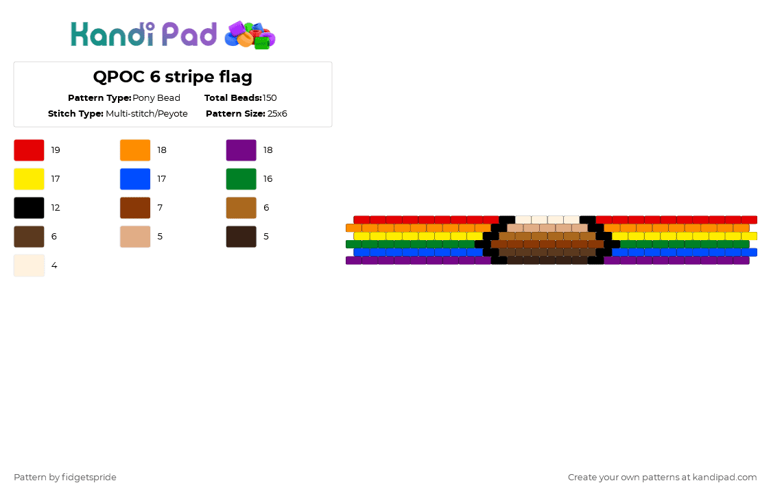 QPOC 6 stripe flag - Pony Bead Pattern by fidgetspride on Kandi Pad - red,yellow,blue,colorful,pride,pride flags,qpoc,poc,black,brown