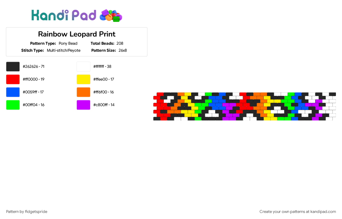 Rainbow Leopard Print - Pony Bead Pattern by fidgetspride on Kandi Pad - animal, animal print, blue, colorful, leopard print, rainbow, yellow