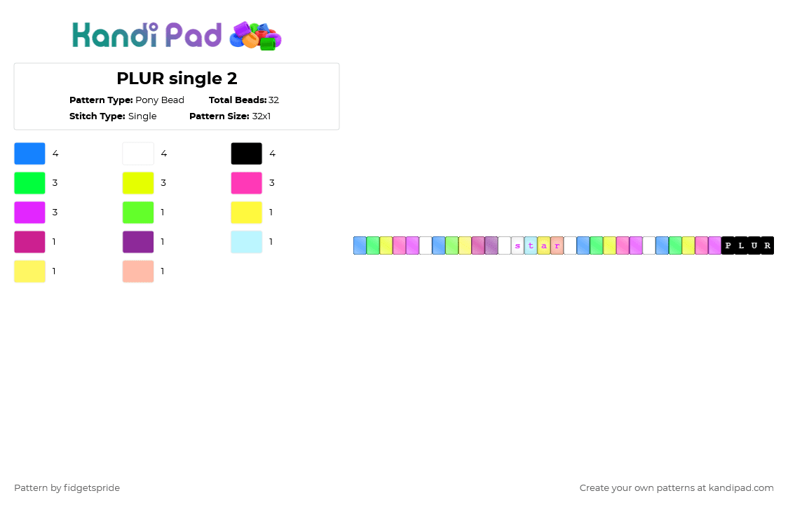 PLUR single 2 - Pony Bead Pattern by fidgetspride on Kandi Pad - blue,green,yellow,pink,plur