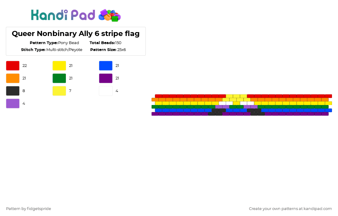 Queer Nonbinary Ally 6 stripe flag - Pony Bead Pattern by fidgetspride on Kandi Pad - yellow,blue,green,colorful,pride,pride flag,ally,queer,nonbinary