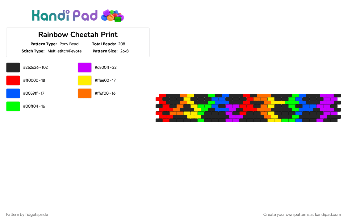 Rainbow Cheetah Print - Pony Bead Pattern by fidgetspride on Kandi Pad - animal, animal print, black, blue, cheetah print, colorful, purple, rainbow, yellow