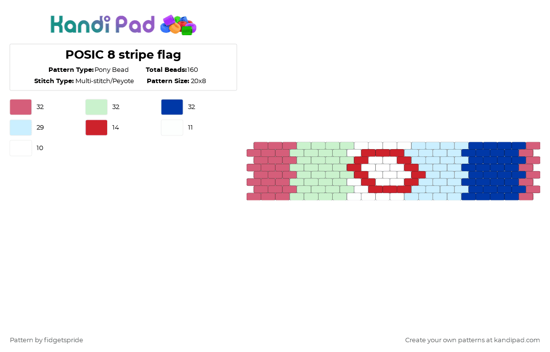 POSIC 8 stripe flag - Pony Bead Pattern by fidgetspride on Kandi Pad - pink,teal,light blue,blue,pride,pride flag,objectum,osor,os,or,posic