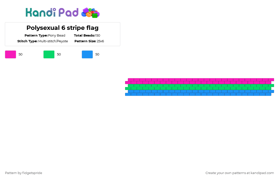 Polysexual 6 stripe flag - Pony Bead Pattern by fidgetspride on Kandi Pad - pink,teal,light blue,pride,pride flag,polysexual