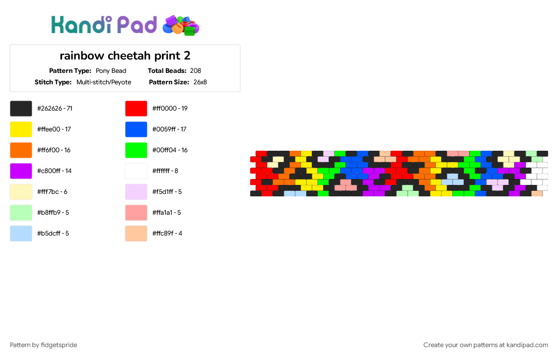 Rainbow Leopard Print 2 - Pony Bead Pattern by fidgetspride on Kandi Pad - animal, animal print, cheetah print, colorful, green, leopard print, rainbow, red, yellow