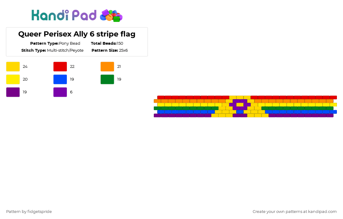 Queer Intersex Ally 6 stripe flag - Pony Bead Pattern by fidgetspride on Kandi Pad - red,yellow,orange,pride,ally,intersex ally,pride flags