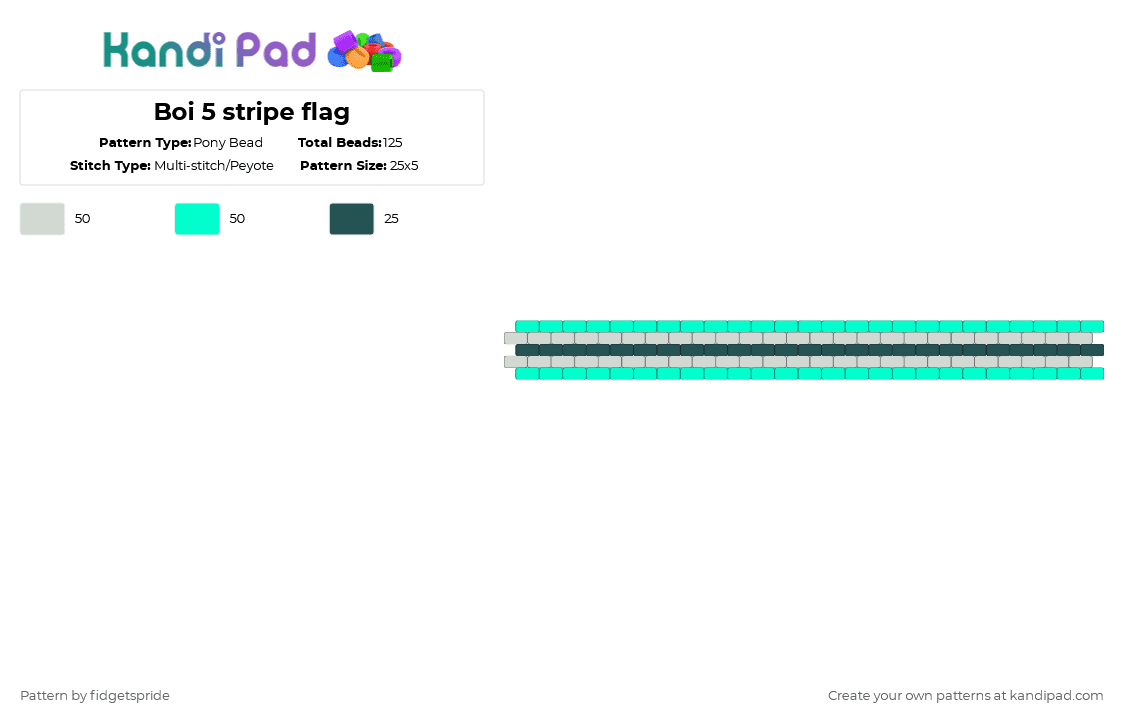 Boi 5 stripe flag - Pony Bead Pattern by fidgetspride on Kandi Pad - teal,gray,pride,pride flag,boi,black,black transgender