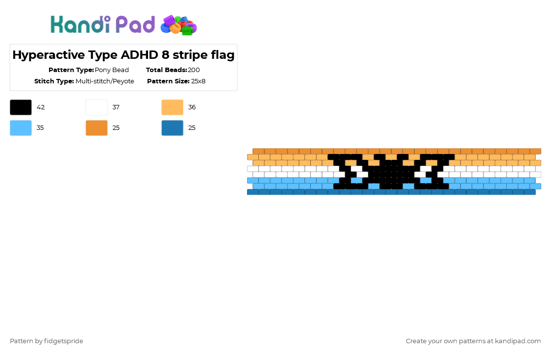 Hyperactive Type ADHD 8 stripe flag - Pony Bead Pattern by fidgetspride on Kandi Pad - orange,pride,pride flag,disability,neurodivergent,adhd,disability pride
