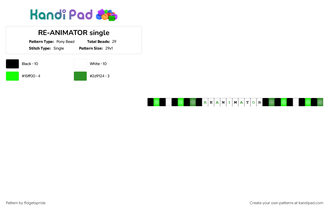 RE-ANIMATOR single - Pony Bead Pattern by fidgetspride on Kandi Pad - green, reanimator, reanimator 1985, single, singles, white