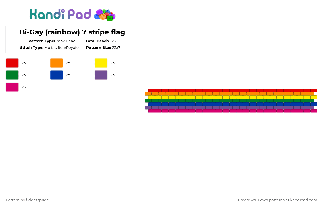 Bi-Gay (rainbow) 7 stripe flag - Pony Bead Pattern by fidgetspride on Kandi Pad - orange,green,purple,colorful,pride,pride flag,biasexual,gay