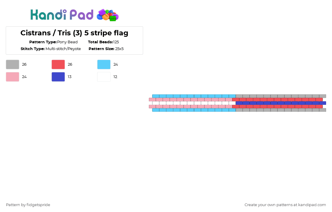 Cistrans / Tris (3) 5 stripe flag - Pony Bead Pattern by fidgetspride on Kandi Pad - light blue,pink,beige,red,pride,pride flags,cistrans,cis,trans,tris