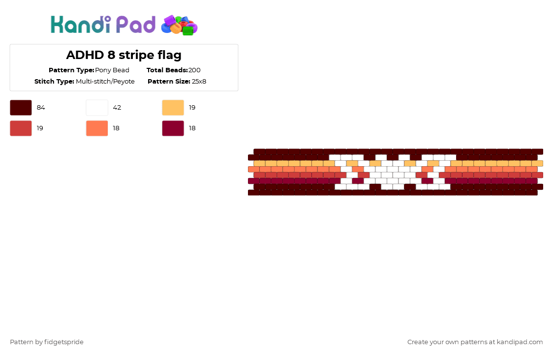 ADHD 8 stripe flag - Pony Bead Pattern by fidgetspride on Kandi Pad - brown,pride,pride flag,disability,neurodivergent,adhd,disability flag