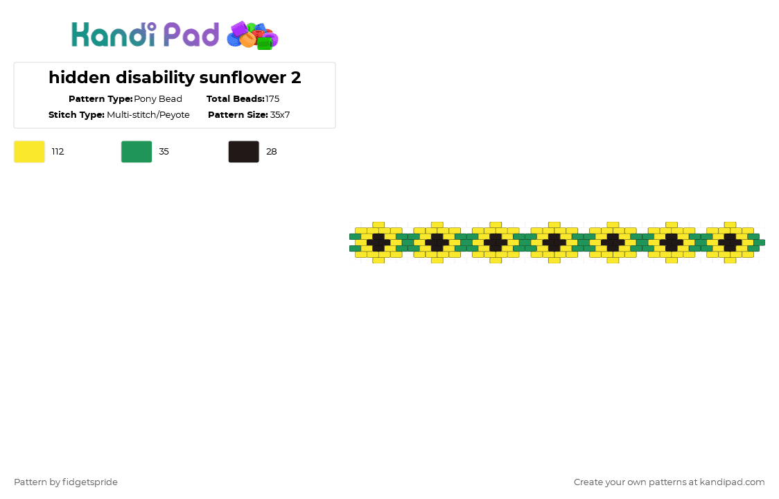 Hidden Disability Sunflower 2 (7 row) - Pony Bead Pattern by fidgetspride on Kandi Pad - yellow,pride,disability,hidden disability,sunflower