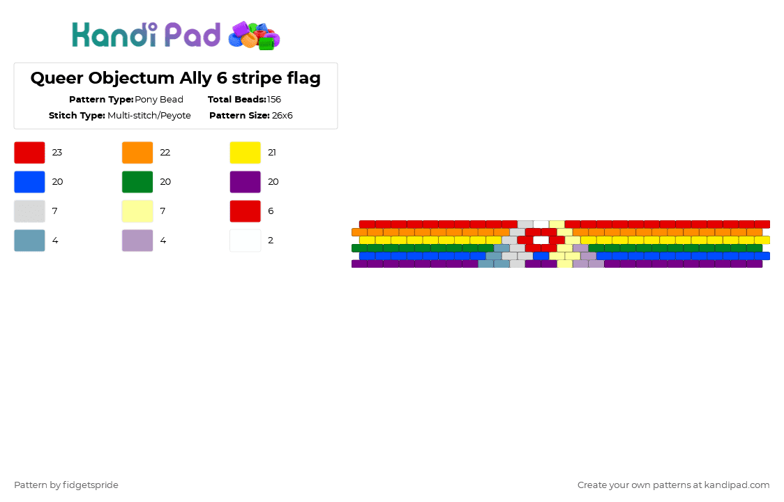 Queer Objectum Ally 6 stripe flag - Pony Bead Pattern by fidgetspride on Kandi Pad - yellow,pink,green,colorful,pride,ally,objectum ally,queer,pride flag