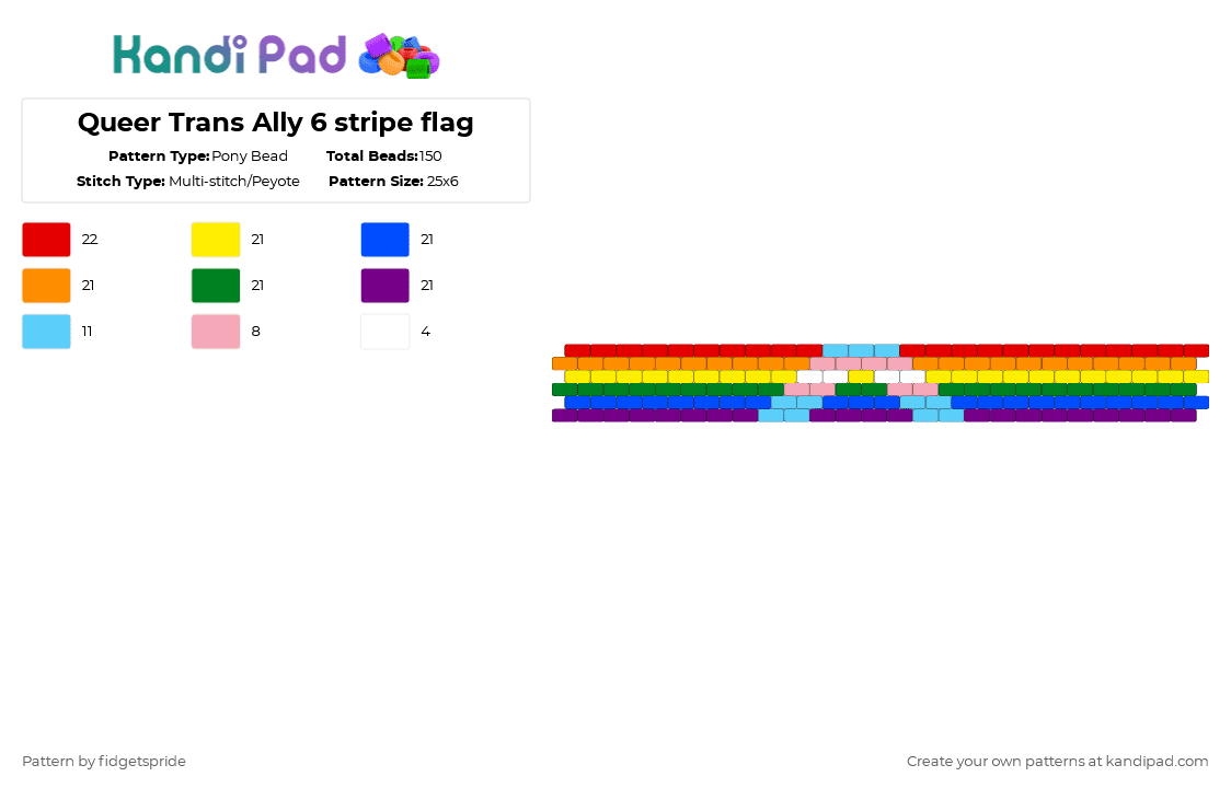 Queer Trans Ally 6 stripe flag - Pony Bead Pattern by fidgetspride on Kandi Pad - yellow,orange,green,colorful,pride,pride flag,ally,trans,trans ally,queer