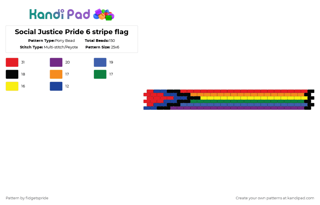 Social Justice Pride 6 stripe flag - Pony Bead Pattern by fidgetspride on Kandi Pad - red,blue,pride,rainbow,pride flag,social justice