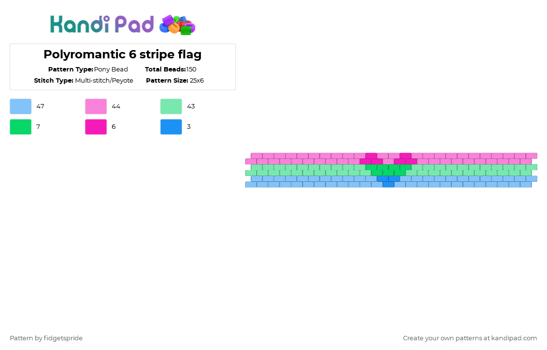Polyromantic 6 stripe flag - Pony Bead Pattern by fidgetspride on Kandi Pad - pink,teal,light blue,pride,pride flag,poly,polyrom,polyromantic