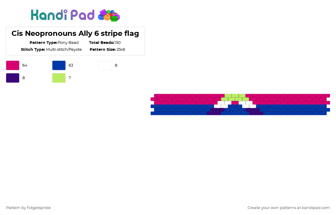 Cis Neopronouns Ally 6 stripe flag - Pony Bead Pattern by fidgetspride on Kandi Pad - pink,blue,pride,pride flag,ally,neopronouns,cis