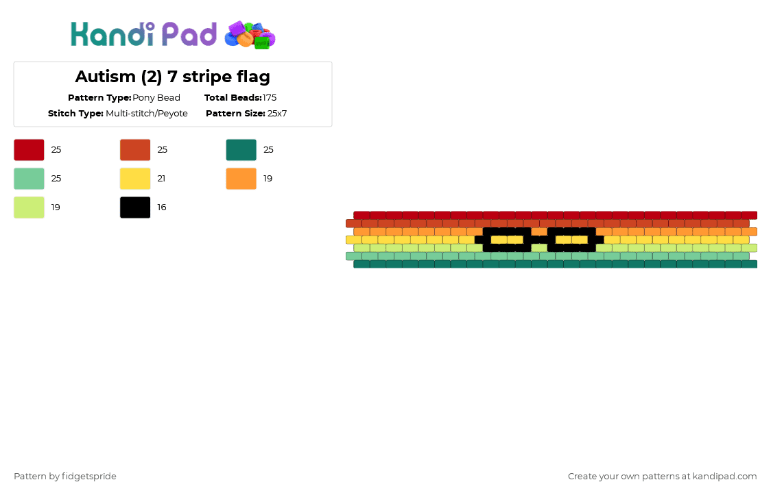 Autism (2) 7 stripe flag - Pony Bead Pattern by fidgetspride on Kandi Pad - red,yellow,teal,pride,pride flag,disability,neurodivergent,disability flag,autism,asd,autistic