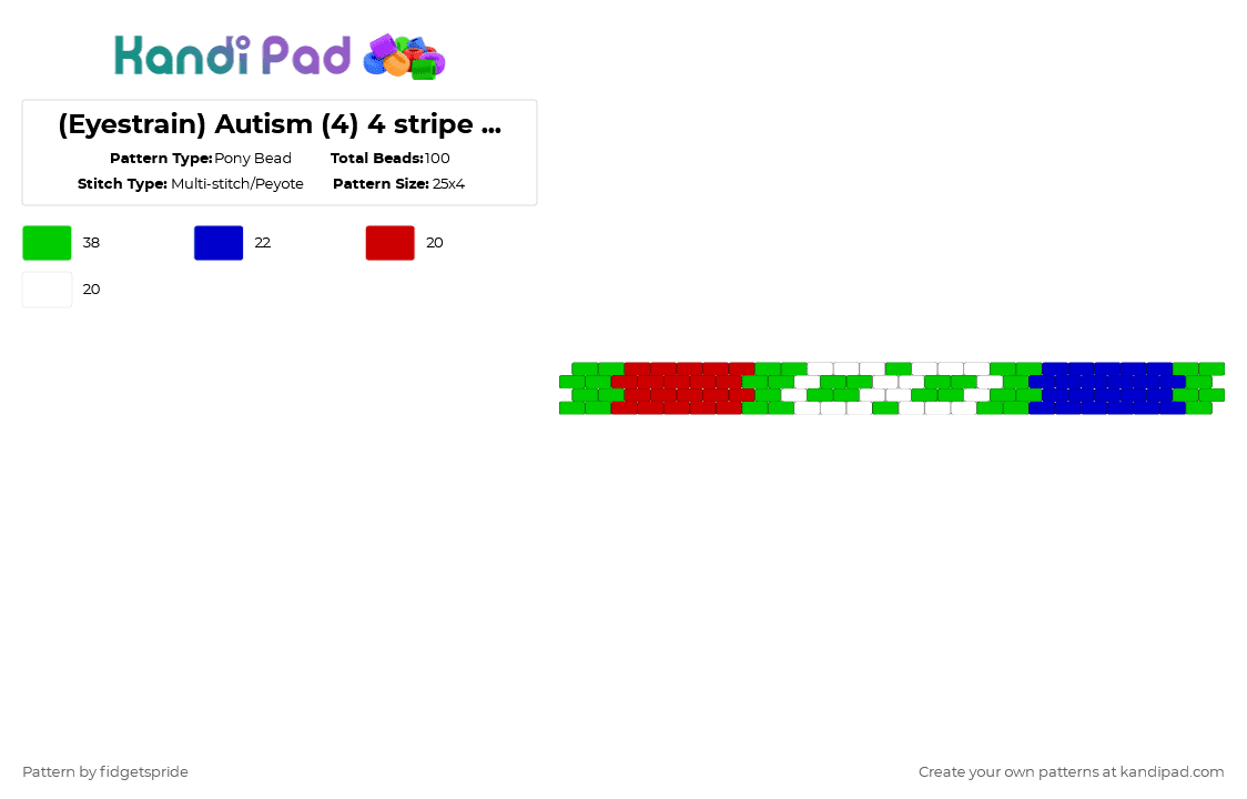 (Eyestrain) Autism (4) 4 stripe flag - Pony Bead Pattern by fidgetspride on Kandi Pad - green,pride,pride flag,disability,neurodivergent,disability flag,autism,asd,autistic