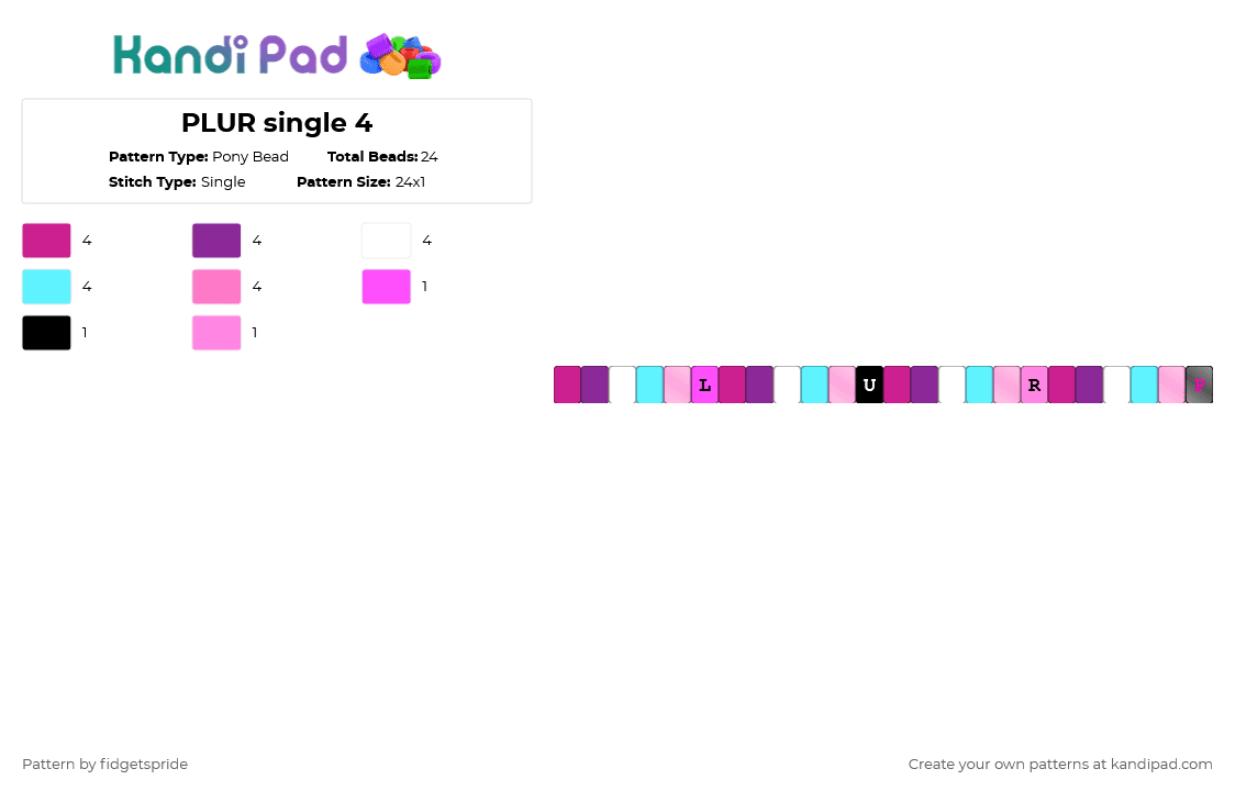 PLUR single 4 - Pony Bead Pattern by fidgetspride on Kandi Pad - pink,plur