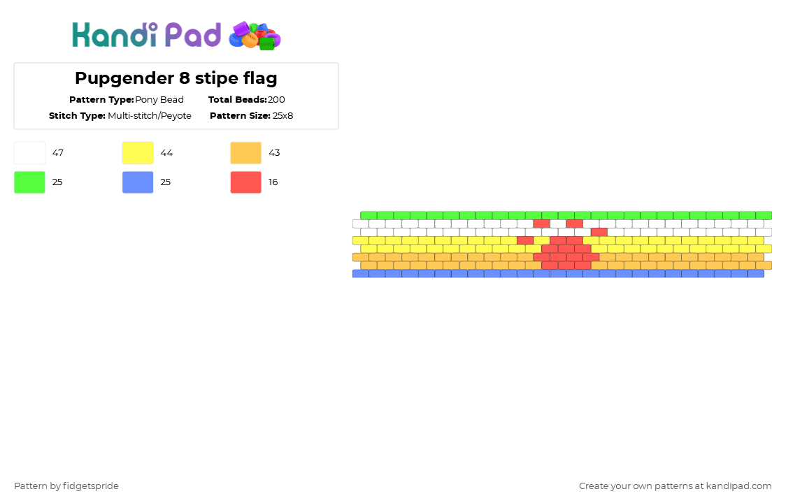 Pupgender 8 stipe flag - Pony Bead Pattern by fidgetspride on Kandi Pad - yellow,pride,pride flag,gender,xenic,xenogender,pupgender