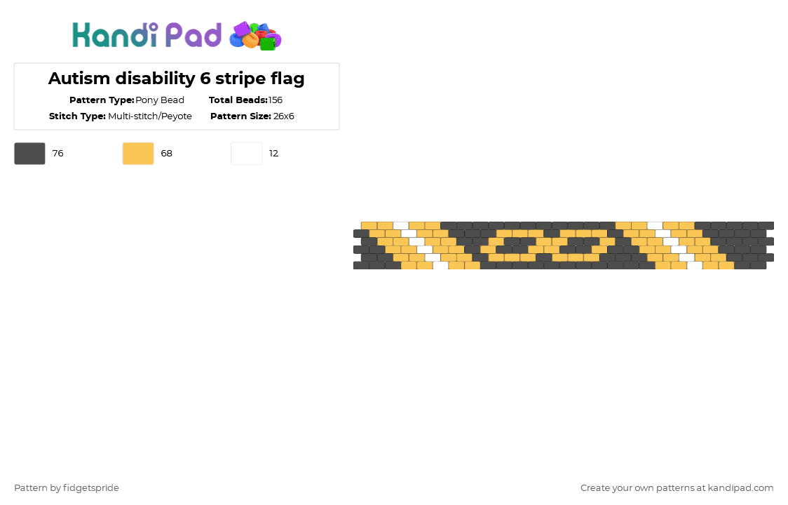 Autism disability 6 stripe flag - Pony Bead Pattern by fidgetspride on Kandi Pad - yellow,gray,pride,pride flag,disability,neurodivergent,disability flag,autism,asd,autistic