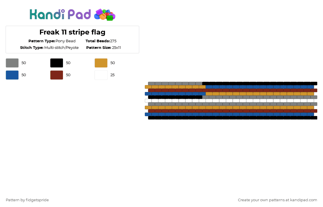 Freak 11 stripe flag - Pony Bead Pattern by fidgetspride on Kandi Pad - gray,orange,blue,brown,pride flag,pride,freak,kink,kink flag