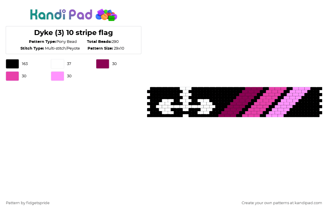Dyke (3) 10 stripe flag - Pony Bead Pattern by fidgetspride on Kandi Pad - white,pink,pride,pride flag,dyke,wlw,labrys