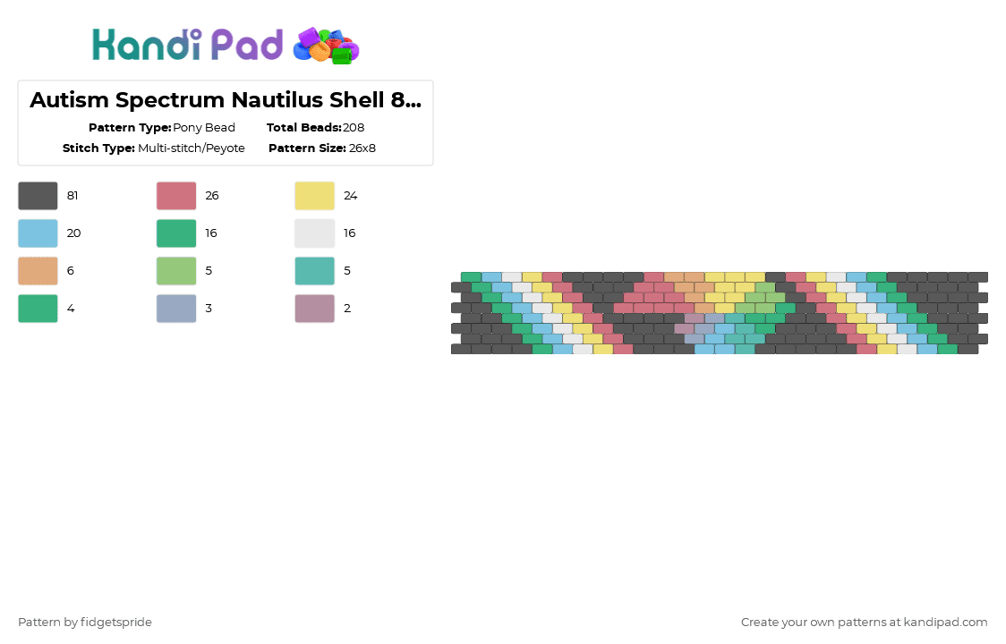 Autism Spectrum Nautilus Shell 8 stripe flag - Pony Bead Pattern by fidgetspride on Kandi Pad - teal,red,gray,pride,pride flag,disability,neurodivergent,disability flag,autism,asd,autistic