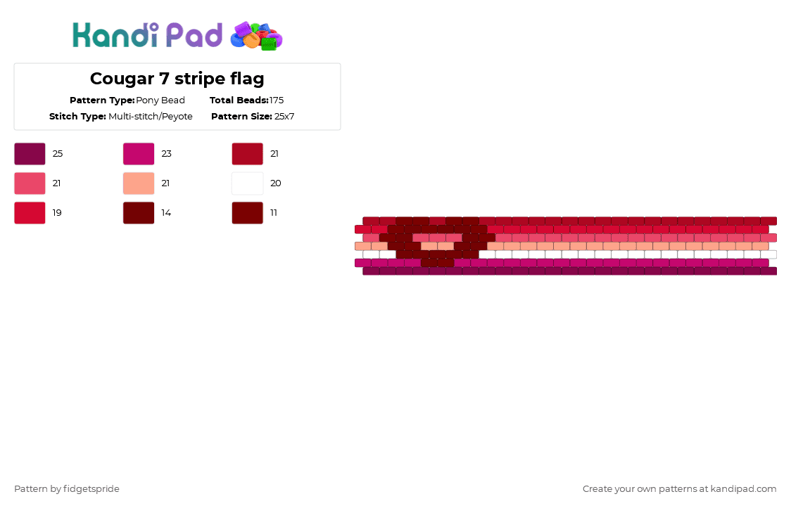 Cougar 7 stripe flag - Pony Bead Pattern by fidgetspride on Kandi Pad - red,pink,pride,pride flag,cougar,lesbian,queer