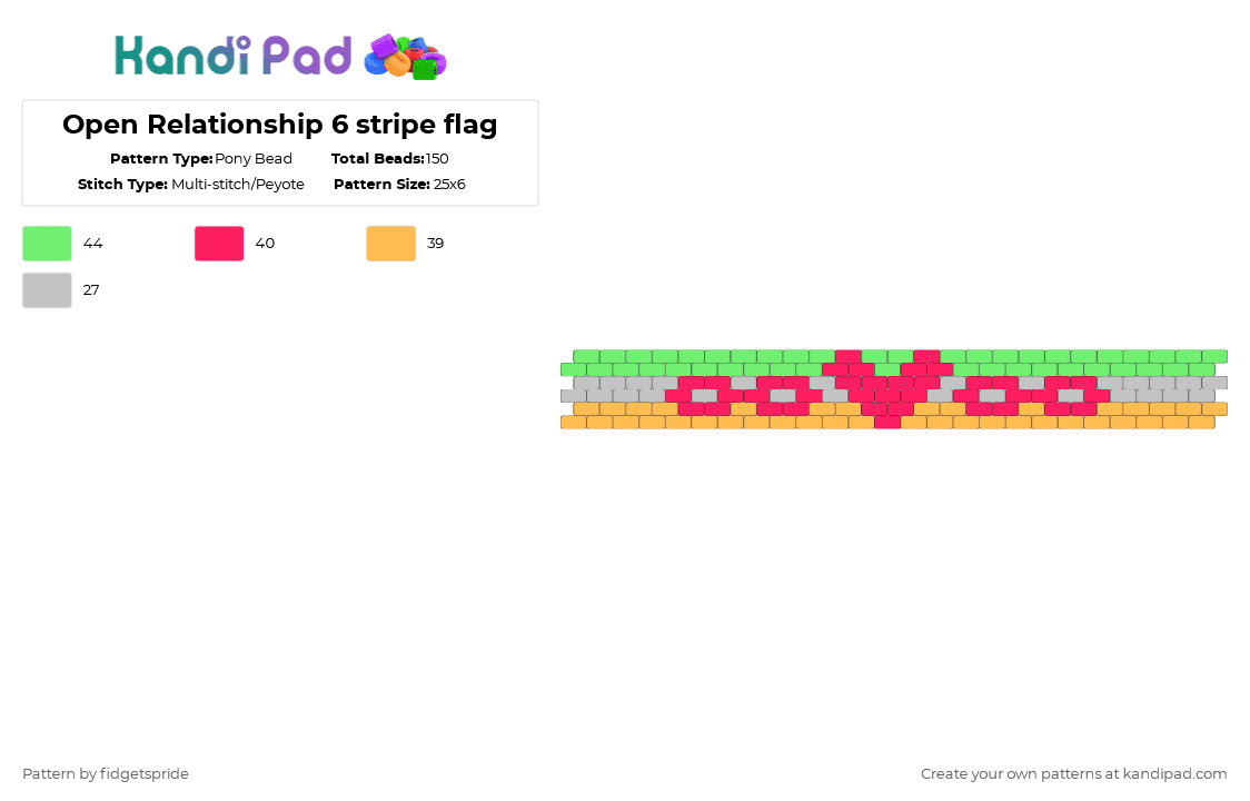 Open Relationship 6 stripe flag - Pony Bead Pattern by fidgetspride on Kandi Pad - teal,red,orange,pride,pride flag,open relationship,enm