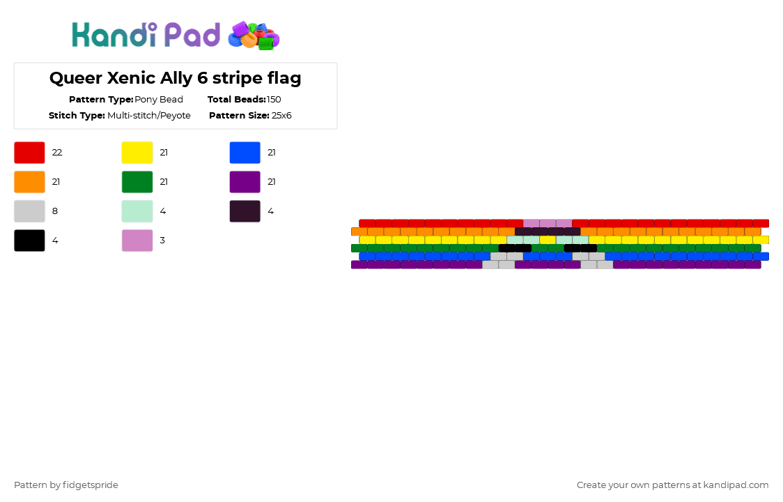 Queer Xenic Ally 6 stripe flag - Pony Bead Pattern by fidgetspride on Kandi Pad - pink,blue,green,colorful,pride,pride flag,ally,queer,xenic
