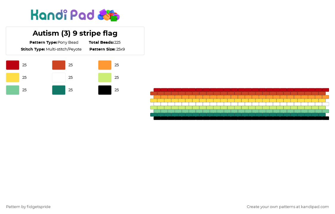Autism (3) 9 stripe flag - Pony Bead Pattern by fidgetspride on Kandi Pad - red,yellow,teal,pride,pride flag,disability,neurodivergent,disability flag,autism,asd,autistic