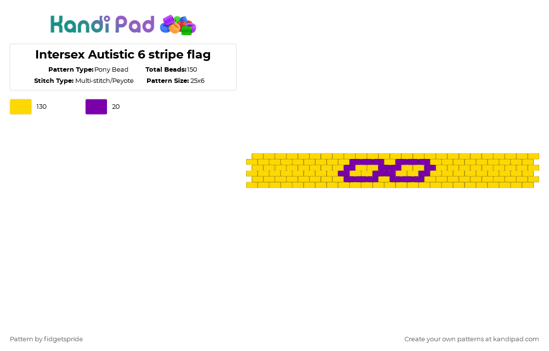 Intersex Autistic 6 stripe flag - Pony Bead Pattern by fidgetspride on Kandi Pad - yellow,pride,pride flag,disability,neurodivergent,autism,asd,autistic,intersex