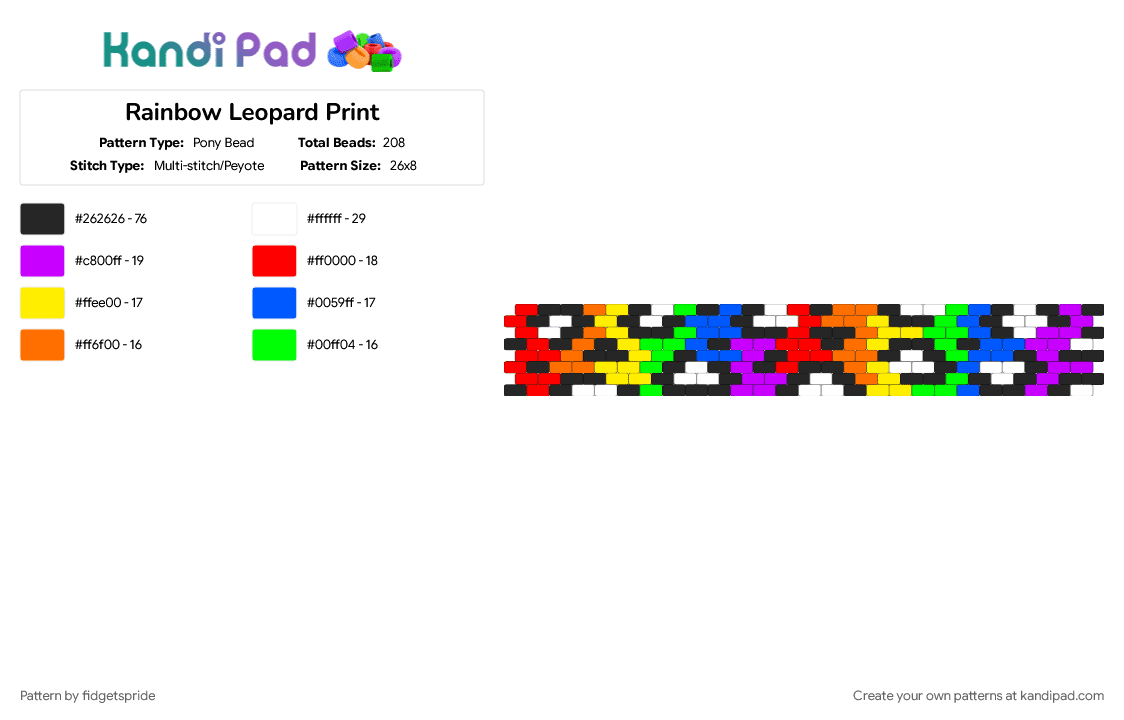Rainbow Leopard Print - Pony Bead Pattern by fidgetspride on Kandi Pad - animal, animal print, blue, colorful, leopard print, rainbow, yellow