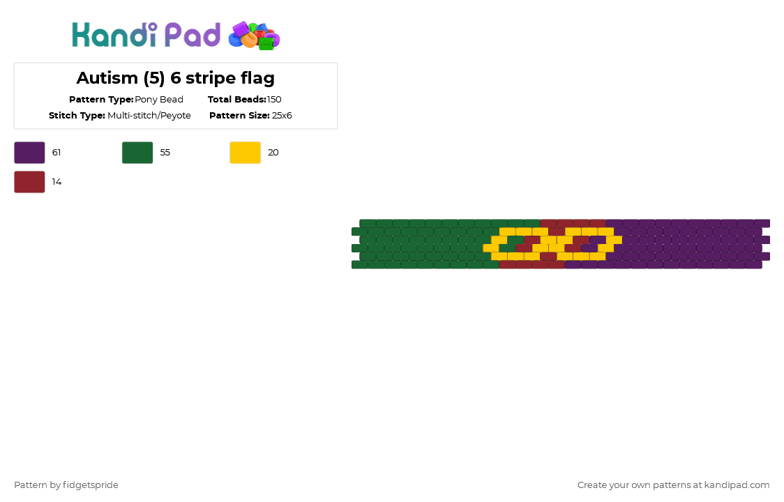Autism (5) 6 stripe flag - Pony Bead Pattern by fidgetspride on Kandi Pad - green,pink,pride,pride flag,disability,neurodivergent,disability flag,autism,asd,autistic