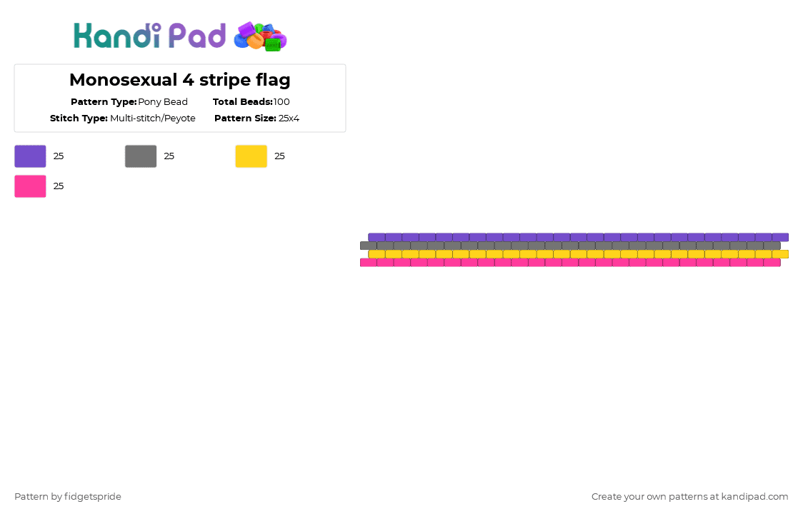 Monosexual 4 stripe flag - Pony Bead Pattern by fidgetspride on Kandi Pad - purple,gray,yellow,pink,pride,pride flag,monosexual,mono,sexuality