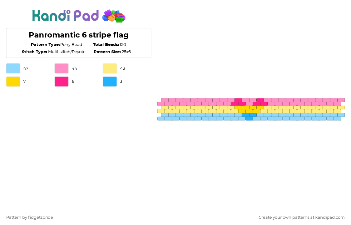 Panromantic 6 stripe flag - Pony Bead Pattern by fidgetspride on Kandi Pad - pink,yellow,light blue,pride,pride flag,pan,panrom,panromantic