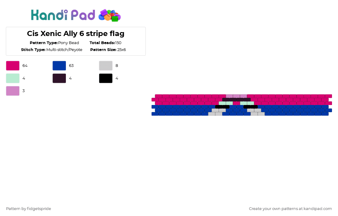 Cis Xenic Ally 6 stripe flag - Pony Bead Pattern by fidgetspride on Kandi Pad - pink,blue,pride,pride flag,ally,cis,nonbinary,xenic