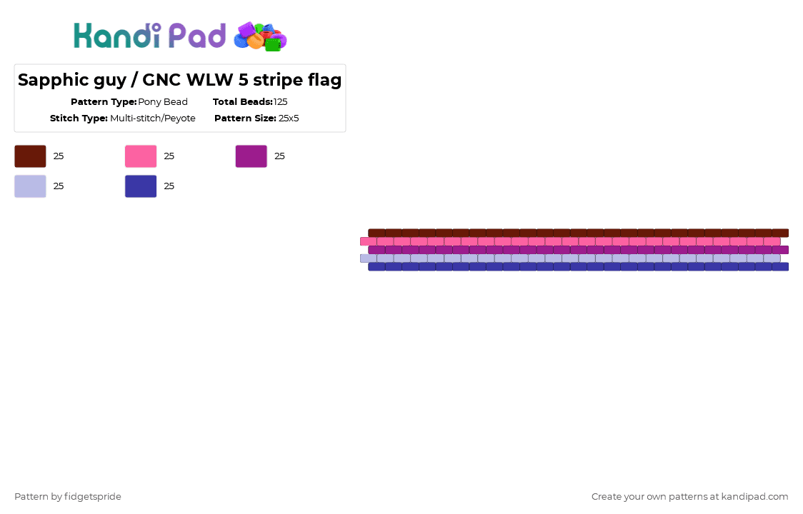 Sapphic guy / GNC WLW 5 stripe flag - Pony Bead Pattern by fidgetspride on Kandi Pad - pink,pride,pride flag,sapphic,gnc lesbian,wlw,gnc wlw