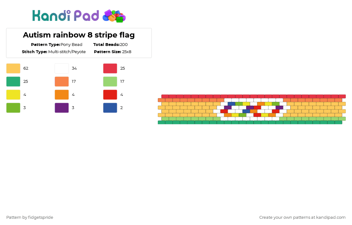 Autism rainbow 8 stripe flag - Pony Bead Pattern by fidgetspride on Kandi Pad - red,yellow,green,pride,pride flag,disability,neurodivergent,disability flag,autism,asd,autistic