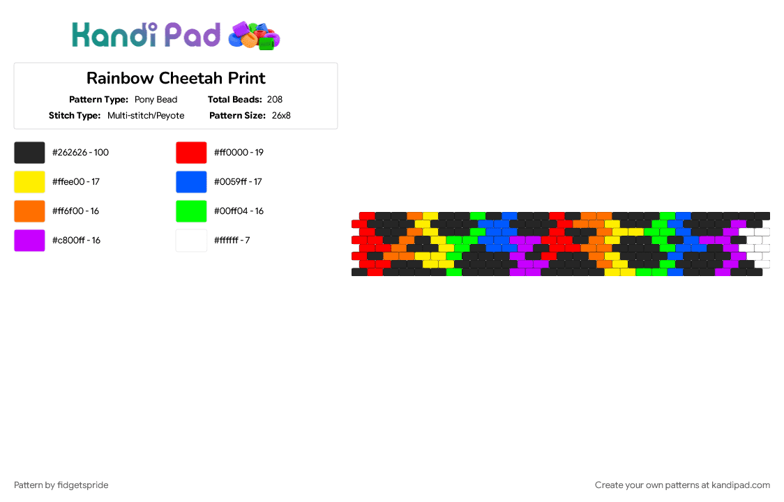 Rainbow Cheetah Print - Pony Bead Pattern by fidgetspride on Kandi Pad - animal, animal print, black, blue, cheetah print, colorful, purple, rainbow, yellow
