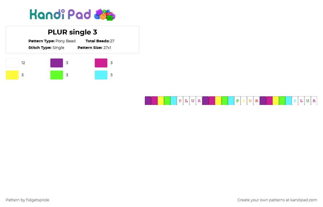 PLUR single 3 - Pony Bead Pattern by fidgetspride on Kandi Pad - pink,plur