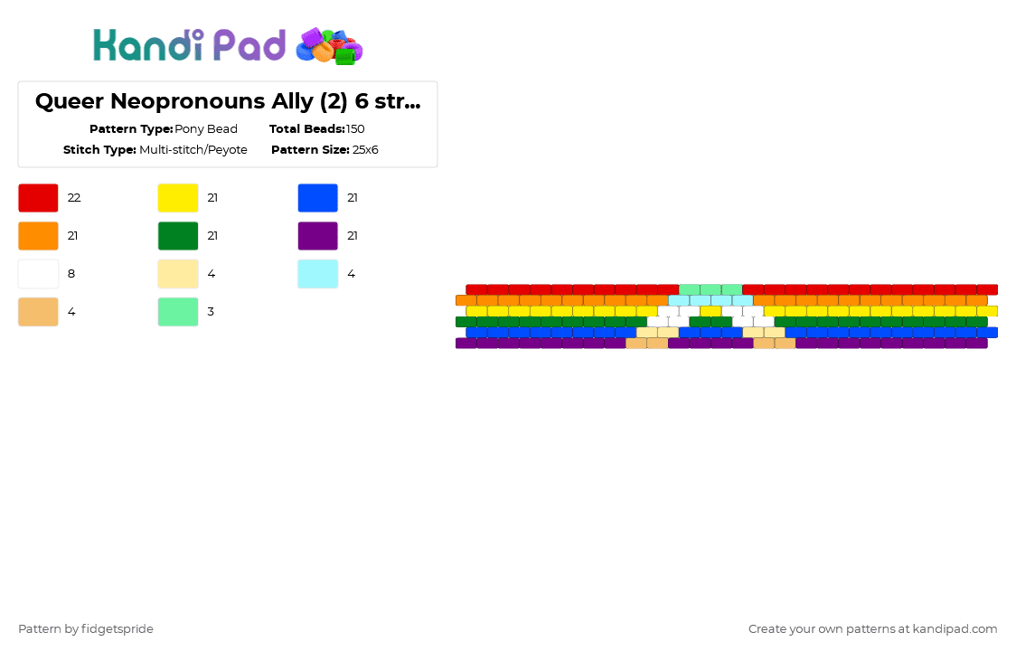 Queer Neopronouns Ally (2) 6 stripe flag - Pony Bead Pattern by fidgetspride on Kandi Pad - yellow,orange,pink,colorful,pride,pride flag,ally,neopronouns,queer