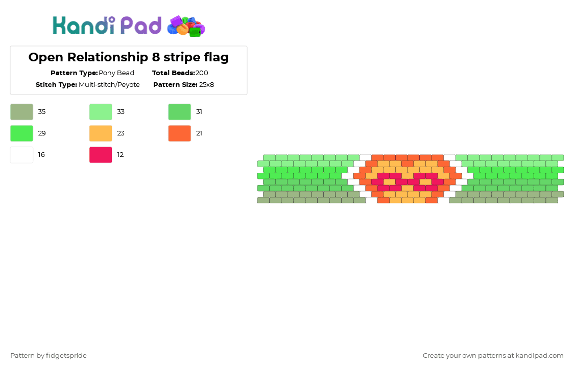 Open Relationship 8 stripe flag - Pony Bead Pattern by fidgetspride on Kandi Pad - teal,orange,green,pride,pride flag,open relationship,enm