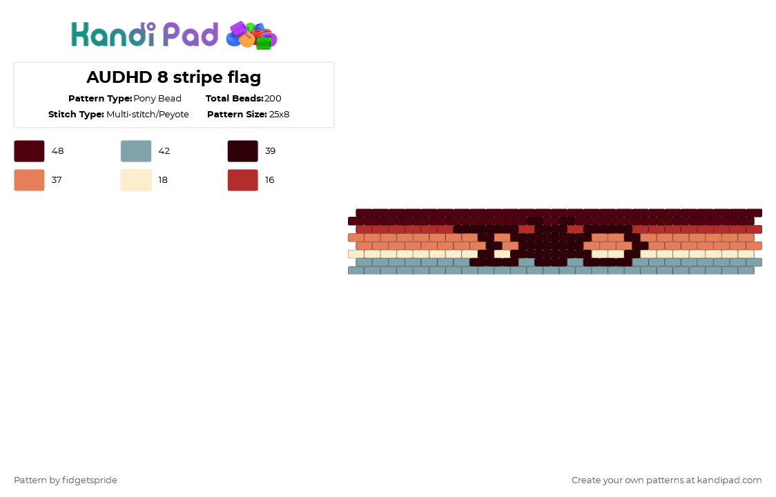 AUDHD 8 stripe flag - Pony Bead Pattern by fidgetspride on Kandi Pad - brown,teal,pride,pride flag,disability,neurodivergent,adhd,disability flag,autism,audhd