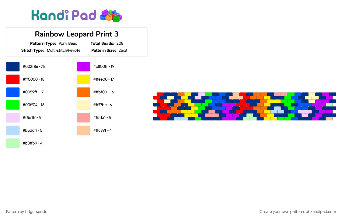 Rainbow Leopard Print 3 - Pony Bead Pattern by fidgetspride on Kandi Pad - animal, animal print, blue, cheetah print, leopard print, purple, rainbow, red, yellow